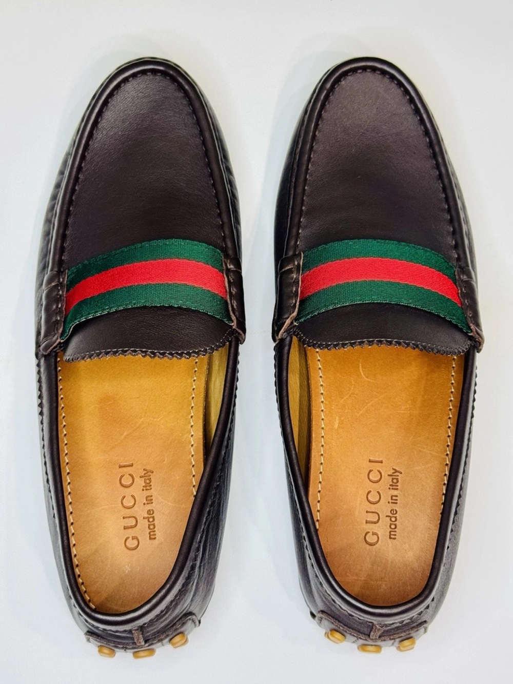 Gucci Men’s Brown Leather Driving Moccasins Web Stripe Loafers